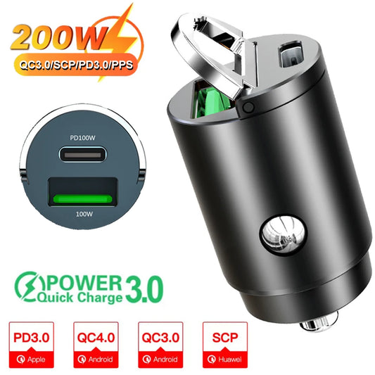 100W/200W QC3.0 PD Mini Car Charger 12-24V Lighter Fast Charging Car USB Type C Charger for Xiaomi Samsung Huawei iPhone Power