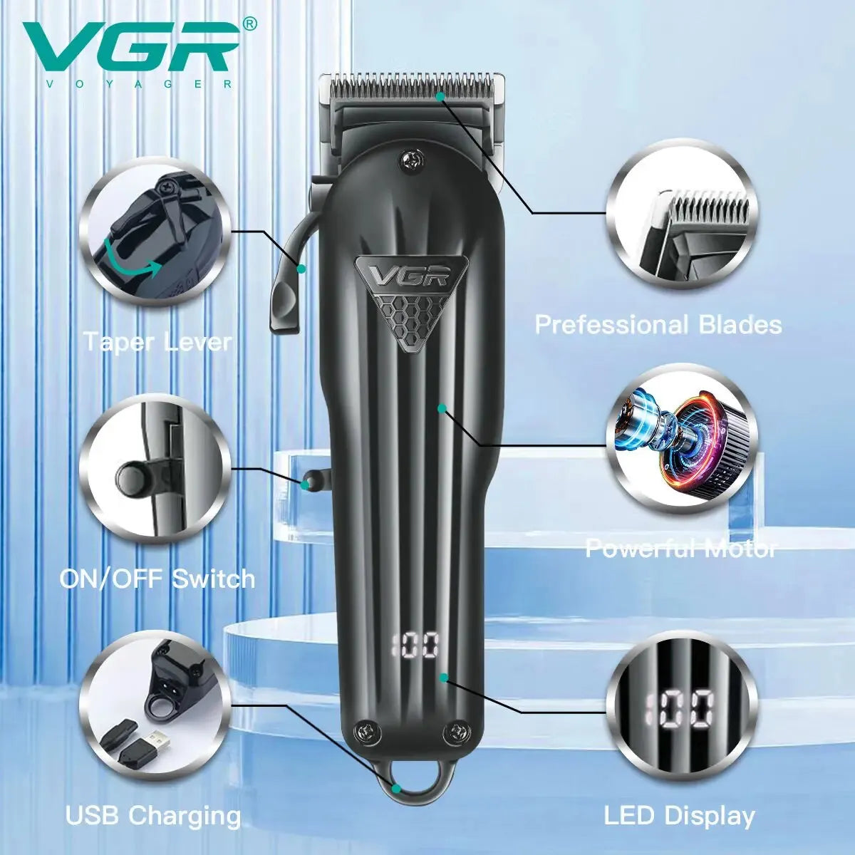 VGR V-282 Hair Cutting Machine Professional Electric Trimmer Rechargeable Barber Hair Clipper Cordless for Men